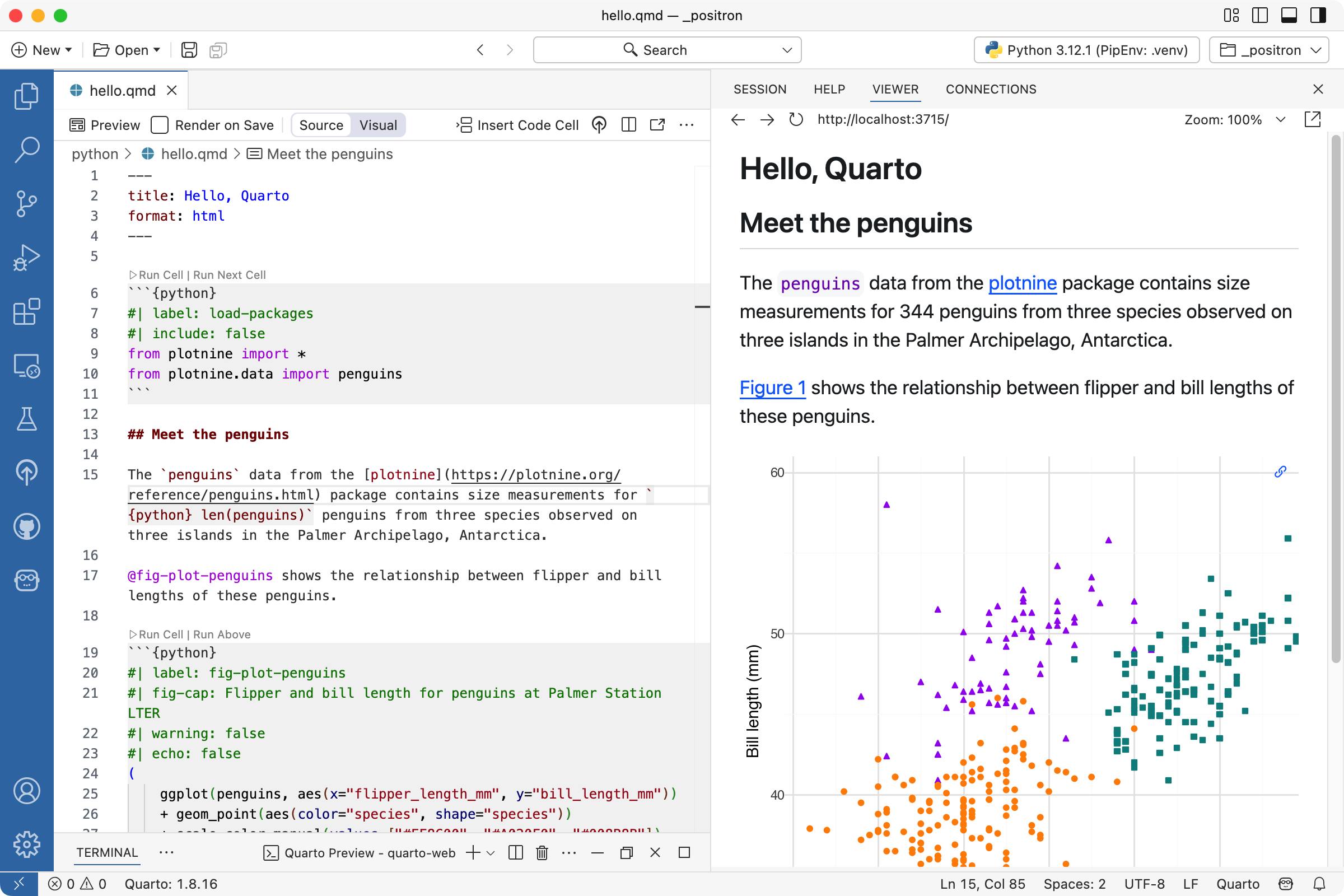 Screen shot of qmd file open in Positron with source markdown shown in Editor pane and a rendered document shown in the Viewer Pane.